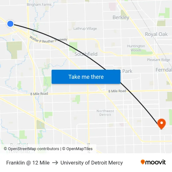 Franklin @ 12 Mile to University of Detroit Mercy map