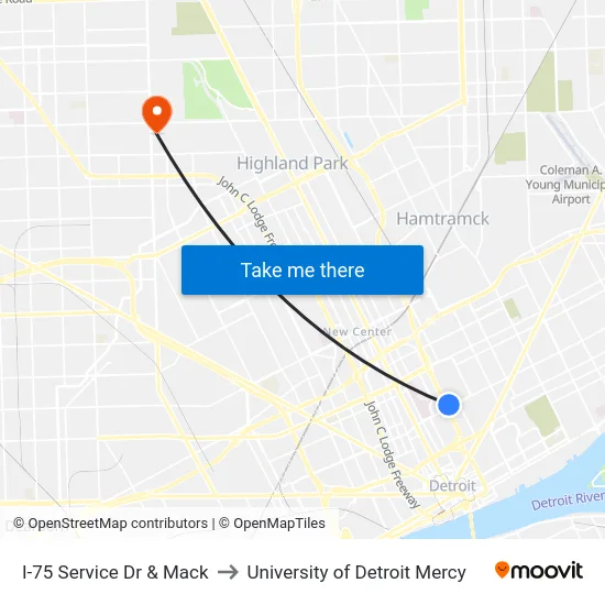 I-75 Service Dr & Mack to University of Detroit Mercy map