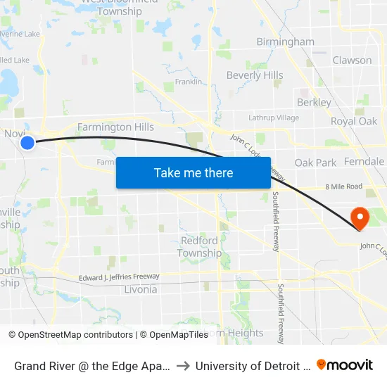 Grand River @ the Edge Apartments to University of Detroit Mercy map