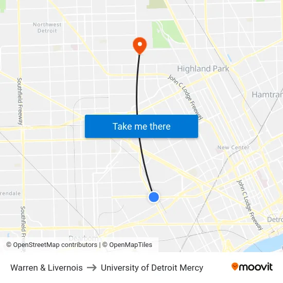 Warren & Livernois to University of Detroit Mercy map