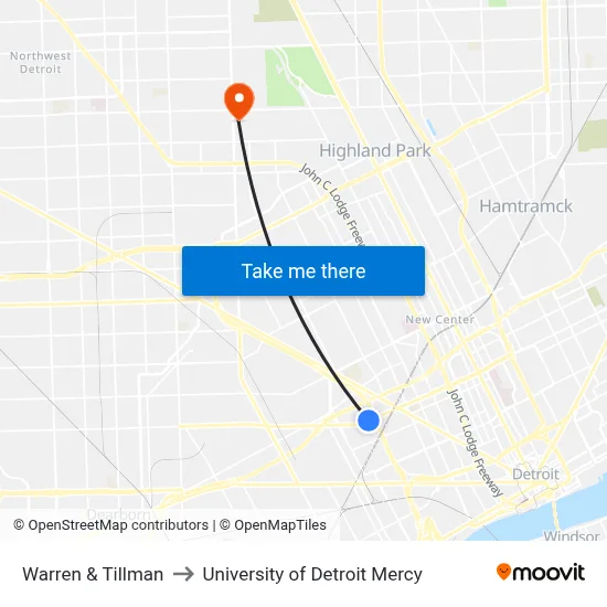 Warren & Tillman to University of Detroit Mercy map