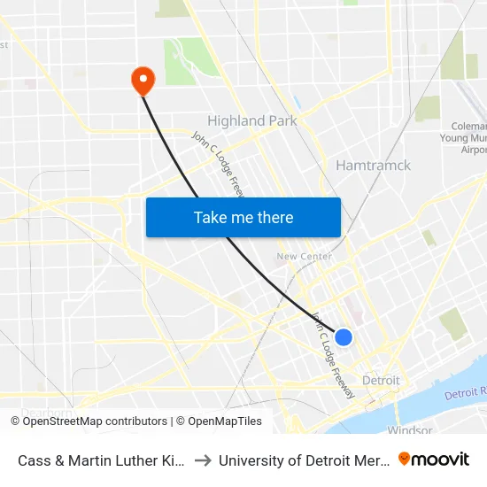 Cass & Martin Luther King to University of Detroit Mercy map