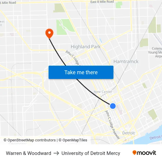 Warren & Woodward to University of Detroit Mercy map