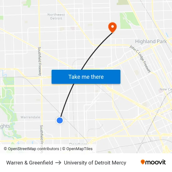 Warren & Greenfield to University of Detroit Mercy map