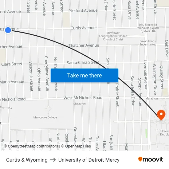Curtis & Wyoming to University of Detroit Mercy map