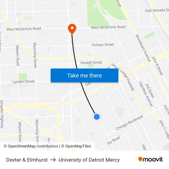 Dexter & Elmhurst to University of Detroit Mercy map