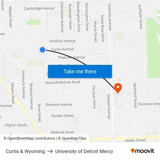 Curtis & Wyoming to University of Detroit Mercy map