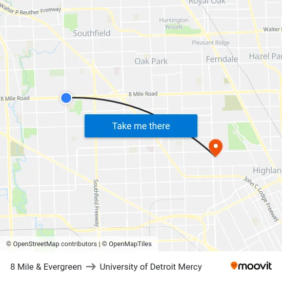 8 Mile & Evergreen to University of Detroit Mercy map