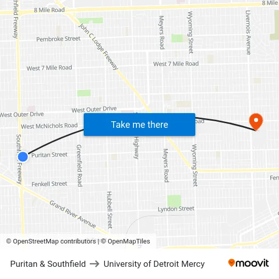Puritan & Southfield to University of Detroit Mercy map