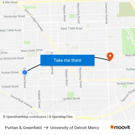 Puritan & Greenfield to University of Detroit Mercy map