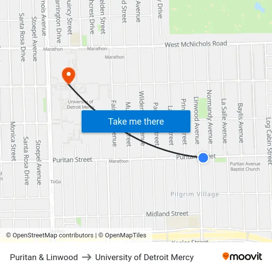 Puritan & Linwood to University of Detroit Mercy map