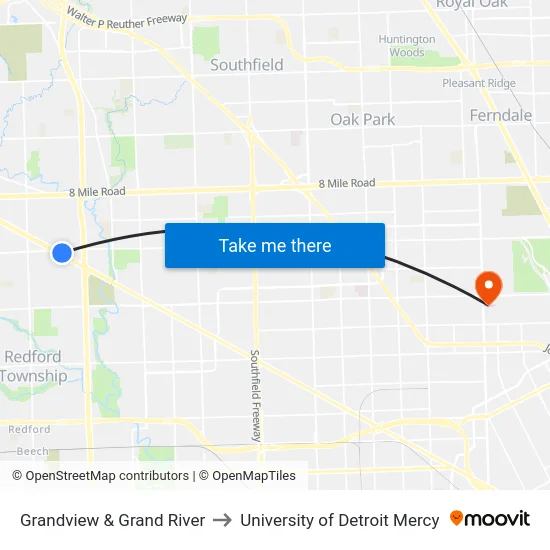 Grandview & Grand River to University of Detroit Mercy map