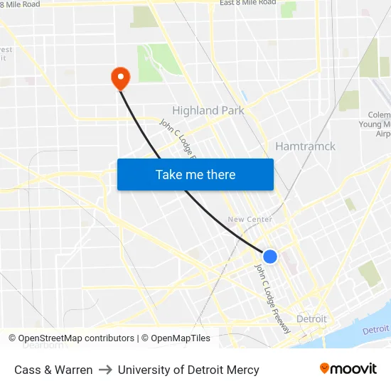 Cass & Warren to University of Detroit Mercy map