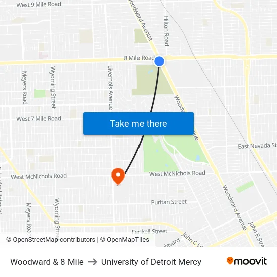 Woodward & 8 Mile to University of Detroit Mercy map