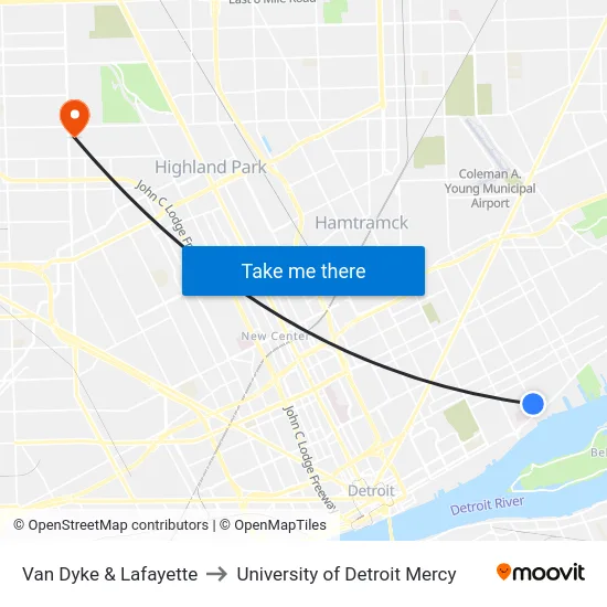 Van Dyke & Lafayette to University of Detroit Mercy map