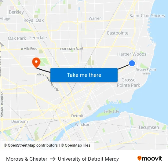 Moross & Chester to University of Detroit Mercy map