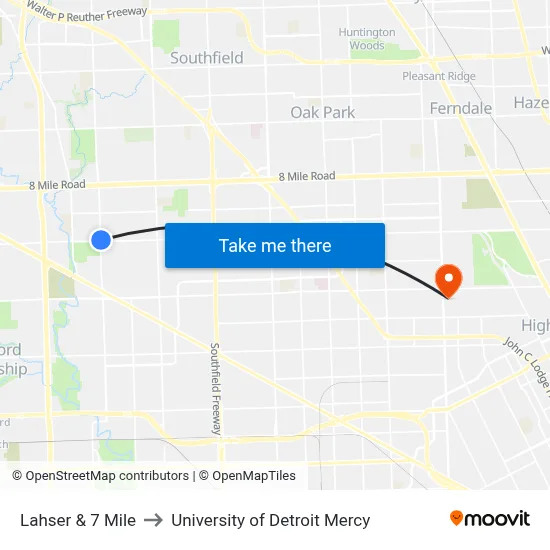 Lahser & 7 Mile to University of Detroit Mercy map