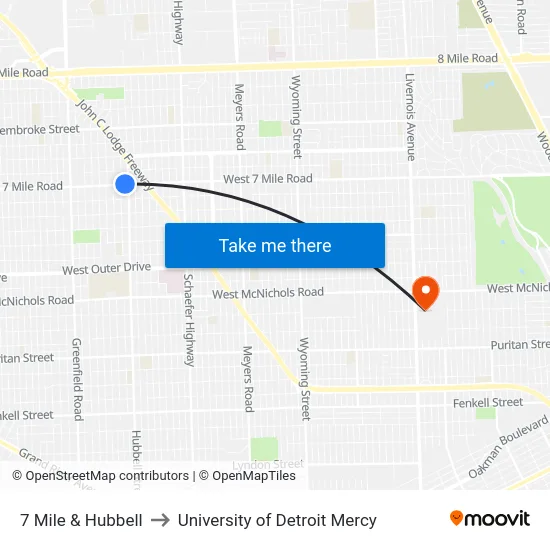 7 Mile & Hubbell to University of Detroit Mercy map