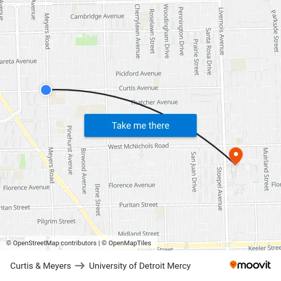 Curtis & Meyers to University of Detroit Mercy map