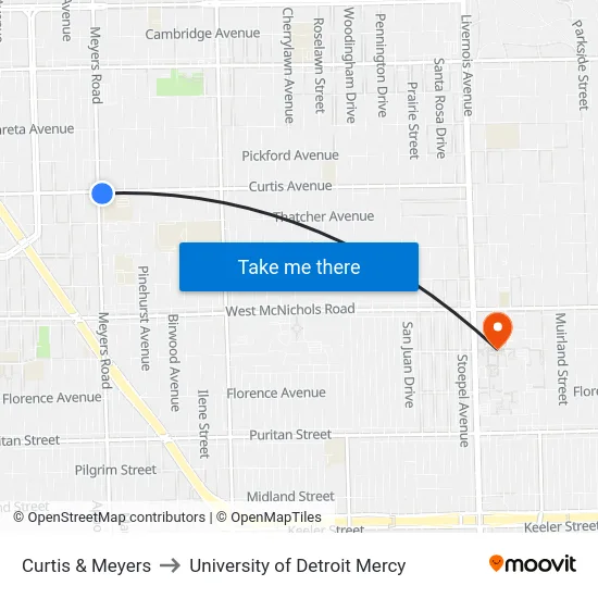 Curtis & Meyers to University of Detroit Mercy map