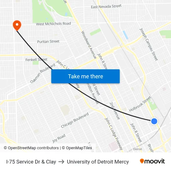 I-75 Service Dr & Clay to University of Detroit Mercy map