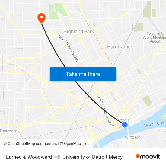 Larned & Woodward to University of Detroit Mercy map