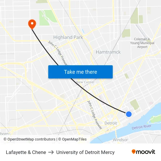 Lafayette & Chene to University of Detroit Mercy map