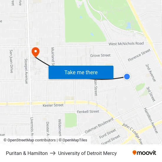 Puritan & Hamilton to University of Detroit Mercy map