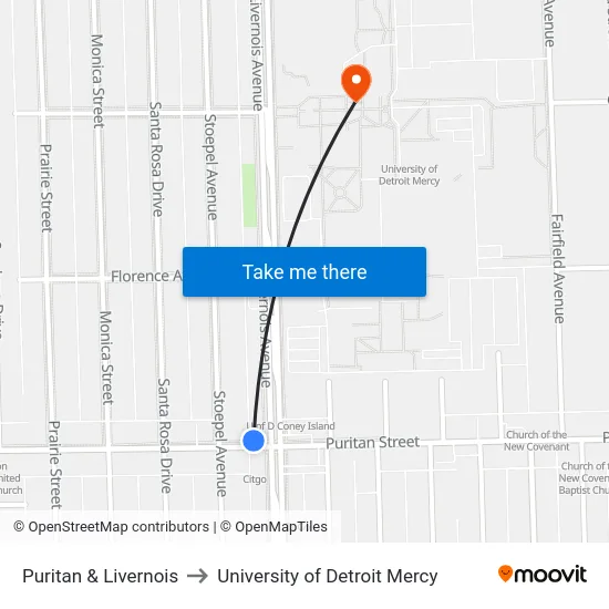 Puritan & Livernois to University of Detroit Mercy map