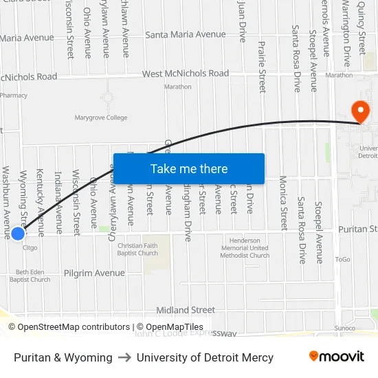 Puritan & Wyoming to University of Detroit Mercy map