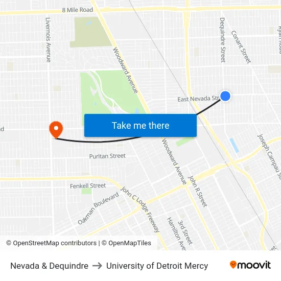 Nevada & Dequindre to University of Detroit Mercy map