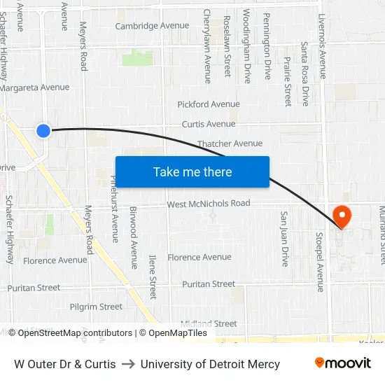 W Outer Dr & Curtis to University of Detroit Mercy map