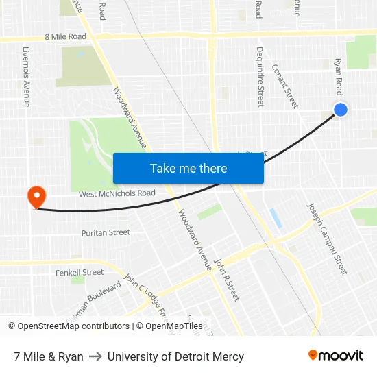 7 Mile & Ryan to University of Detroit Mercy map
