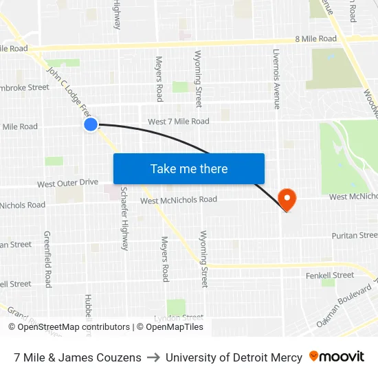 7 Mile & James Couzens to University of Detroit Mercy map
