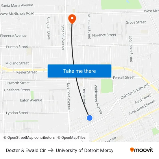 Dexter & Ewald Cir to University of Detroit Mercy map