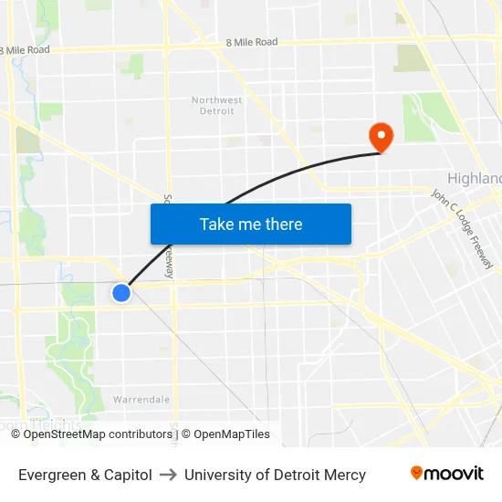 Evergreen & Capitol to University of Detroit Mercy map