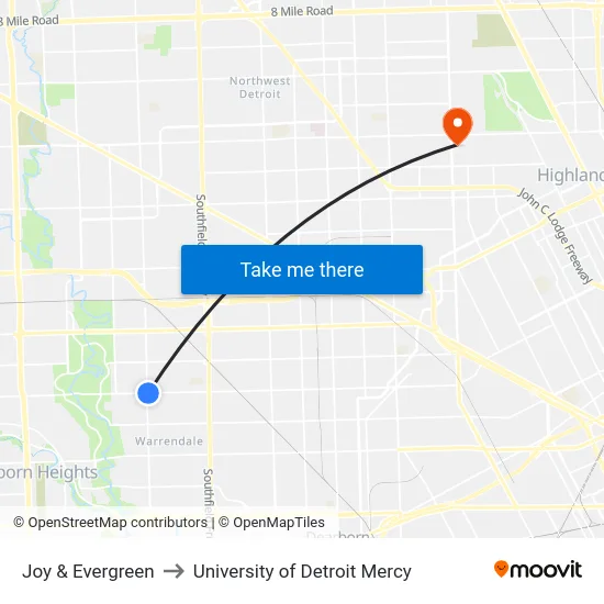 Joy & Evergreen to University of Detroit Mercy map
