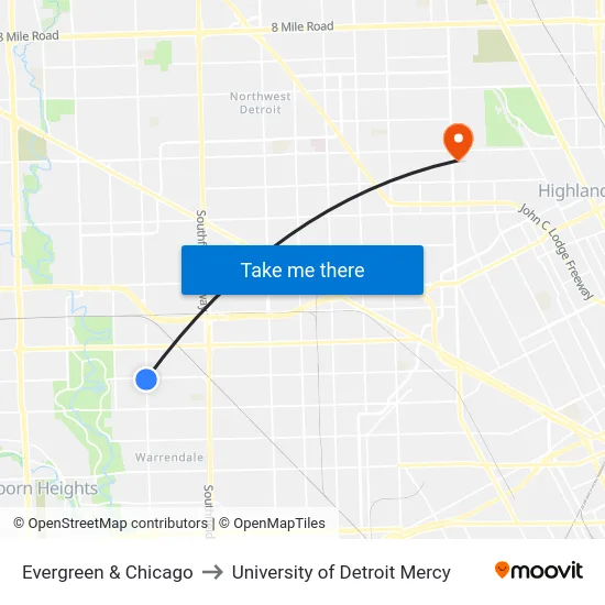 Evergreen & Chicago to University of Detroit Mercy map