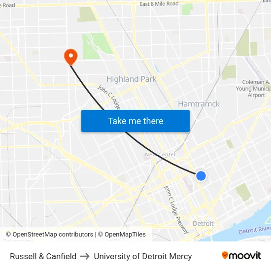 Russell & Canfield to University of Detroit Mercy map