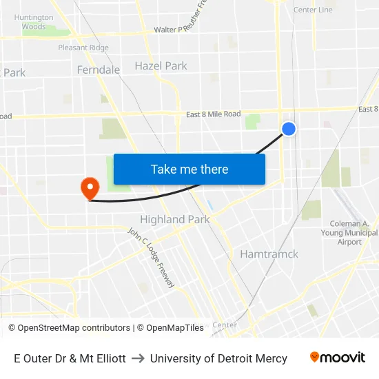 E Outer Dr & Mt Elliott to University of Detroit Mercy map