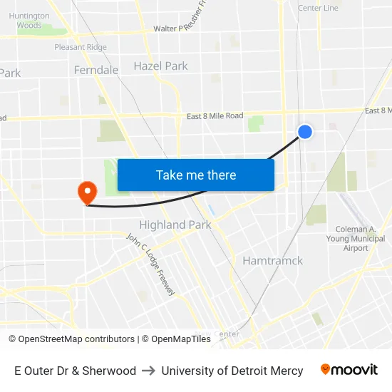 E Outer Dr & Sherwood to University of Detroit Mercy map
