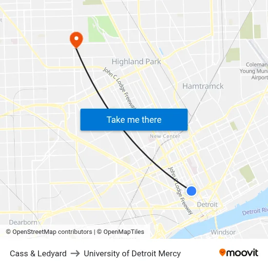 Cass & Ledyard to University of Detroit Mercy map