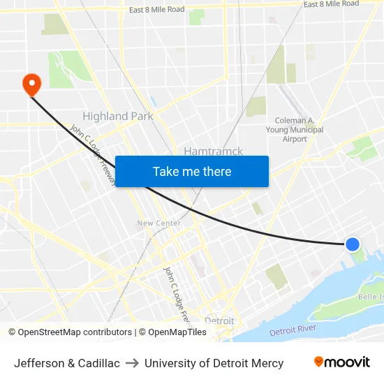 Jefferson & Cadillac to University of Detroit Mercy map