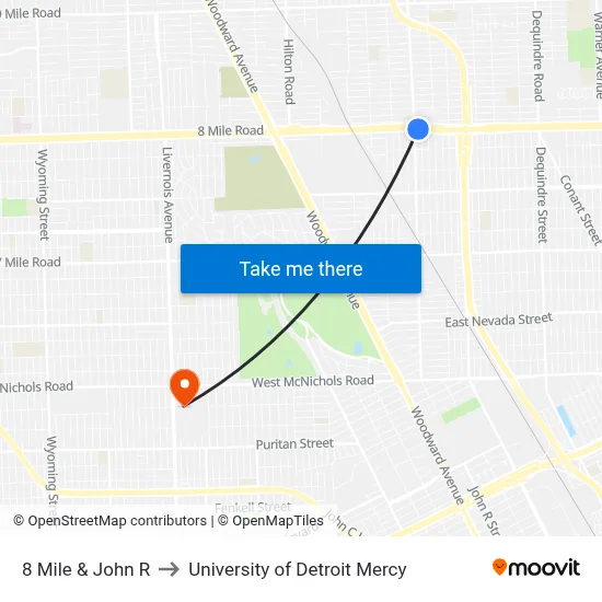 8 Mile & John R to University of Detroit Mercy map