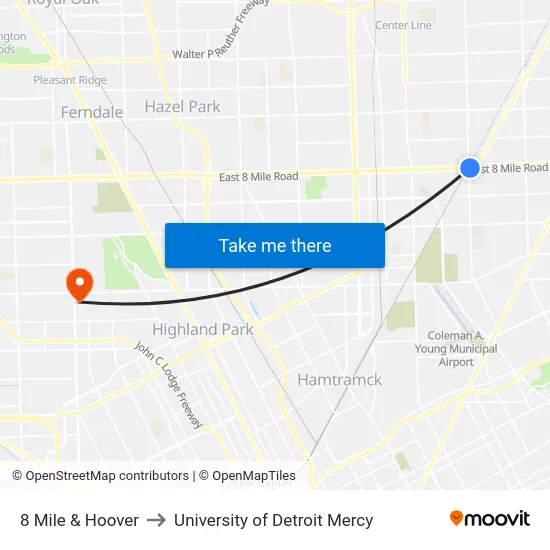 8 Mile & Hoover to University of Detroit Mercy map