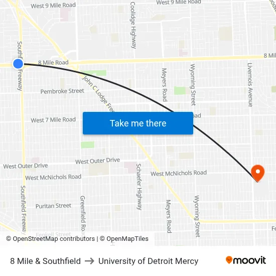 8 Mile & Southfield to University of Detroit Mercy map