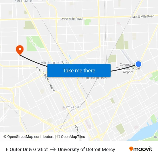 E Outer Dr & Gratiot to University of Detroit Mercy map
