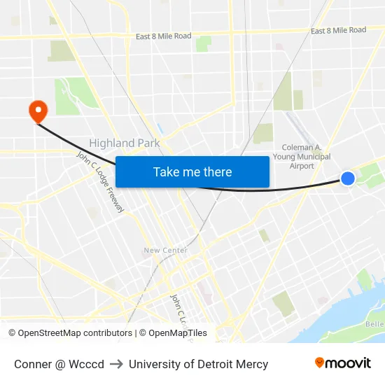 Conner @ Wcccd to University of Detroit Mercy map