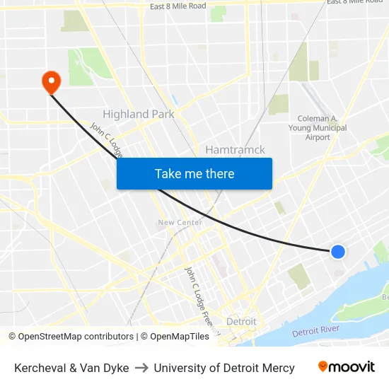 Kercheval & Van Dyke to University of Detroit Mercy map