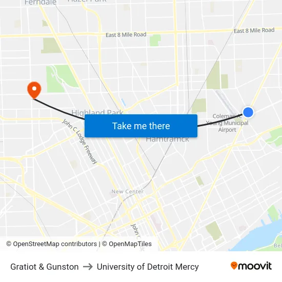 Gratiot & Gunston to University of Detroit Mercy map